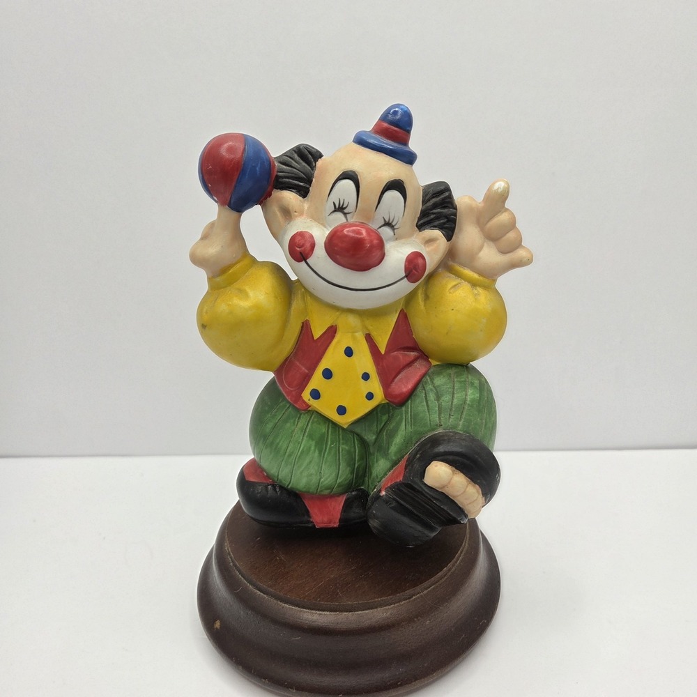 Vintage Clown Music Box Figurine Wood Base Hand Painted 8" Decor